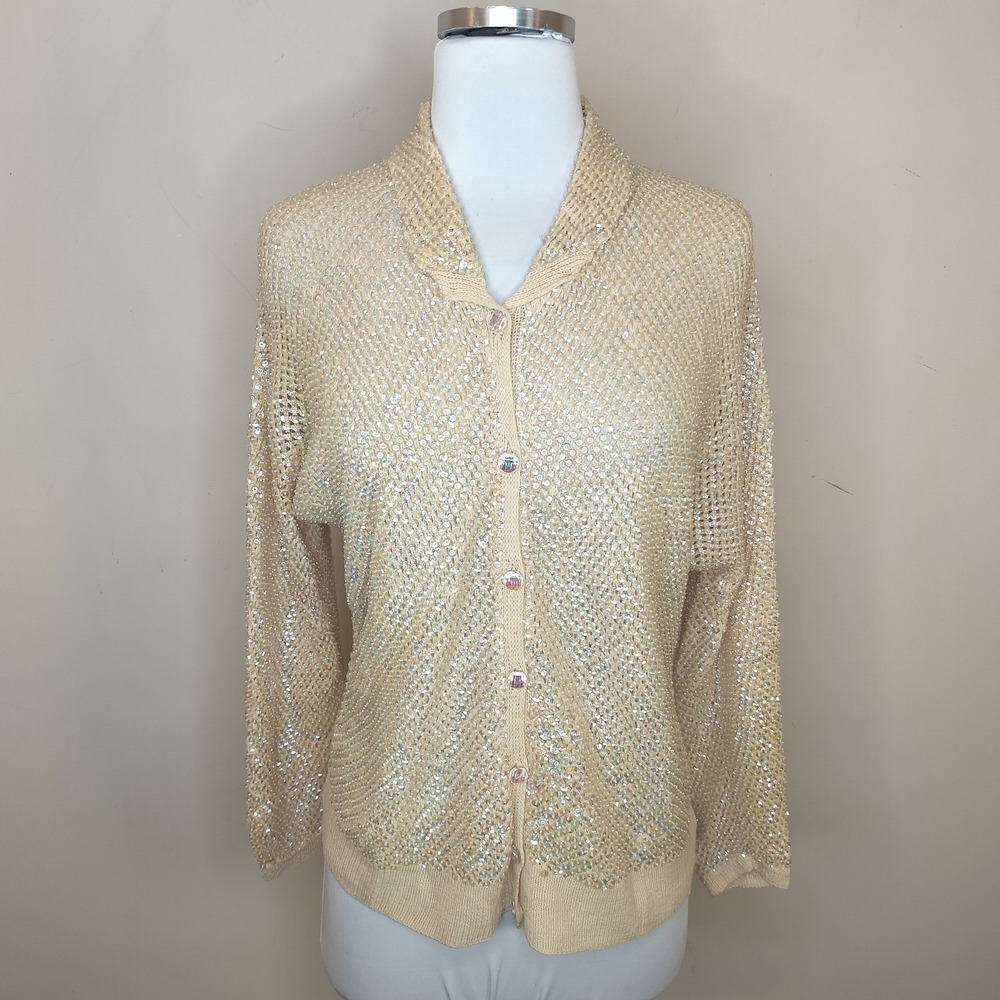 Laura Aponte Italy Wool Mother of Pearl Sequin Cardigan Vintage